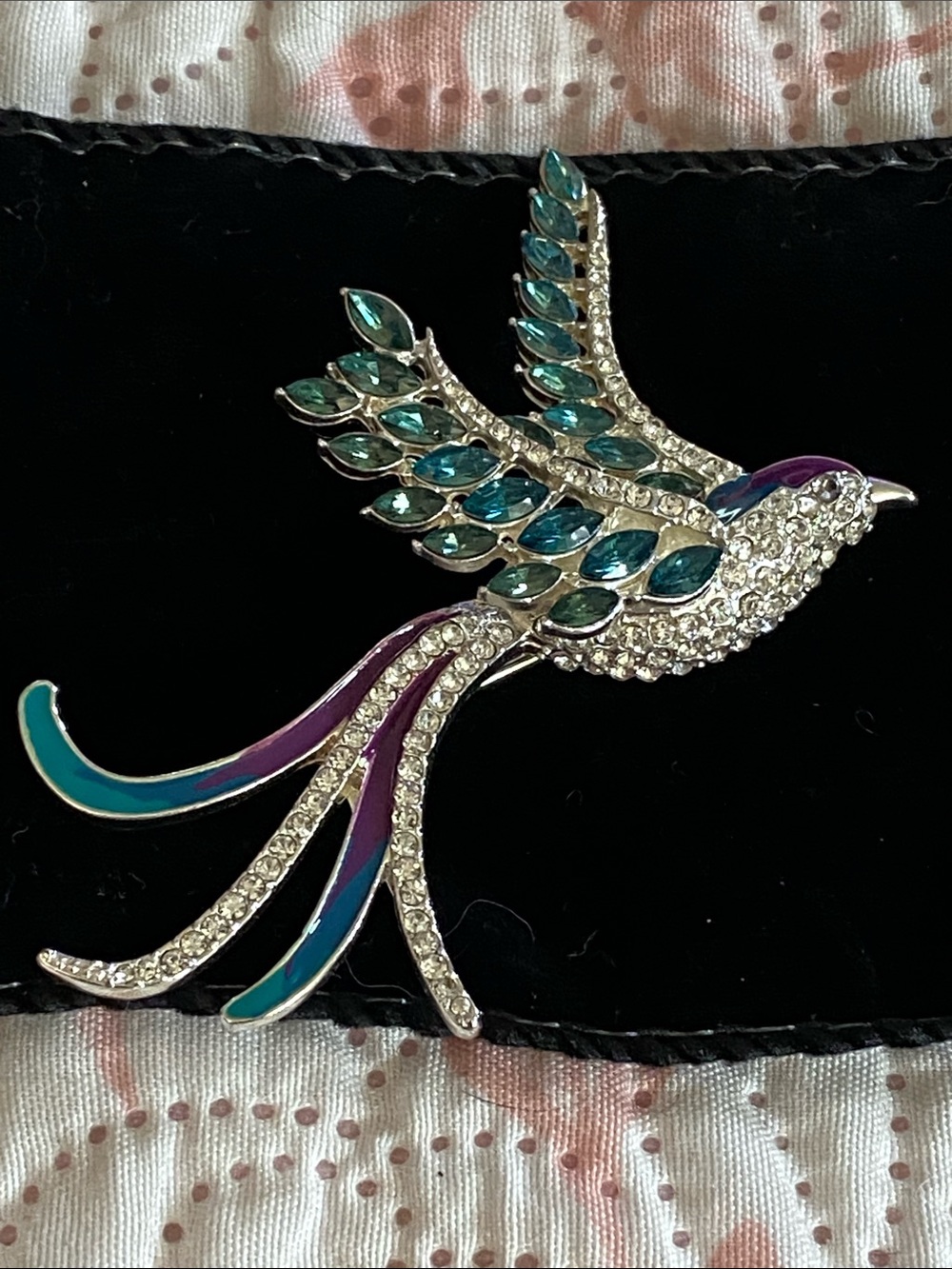 Crystal Bird Brooch Pin in Teal and Purple pave